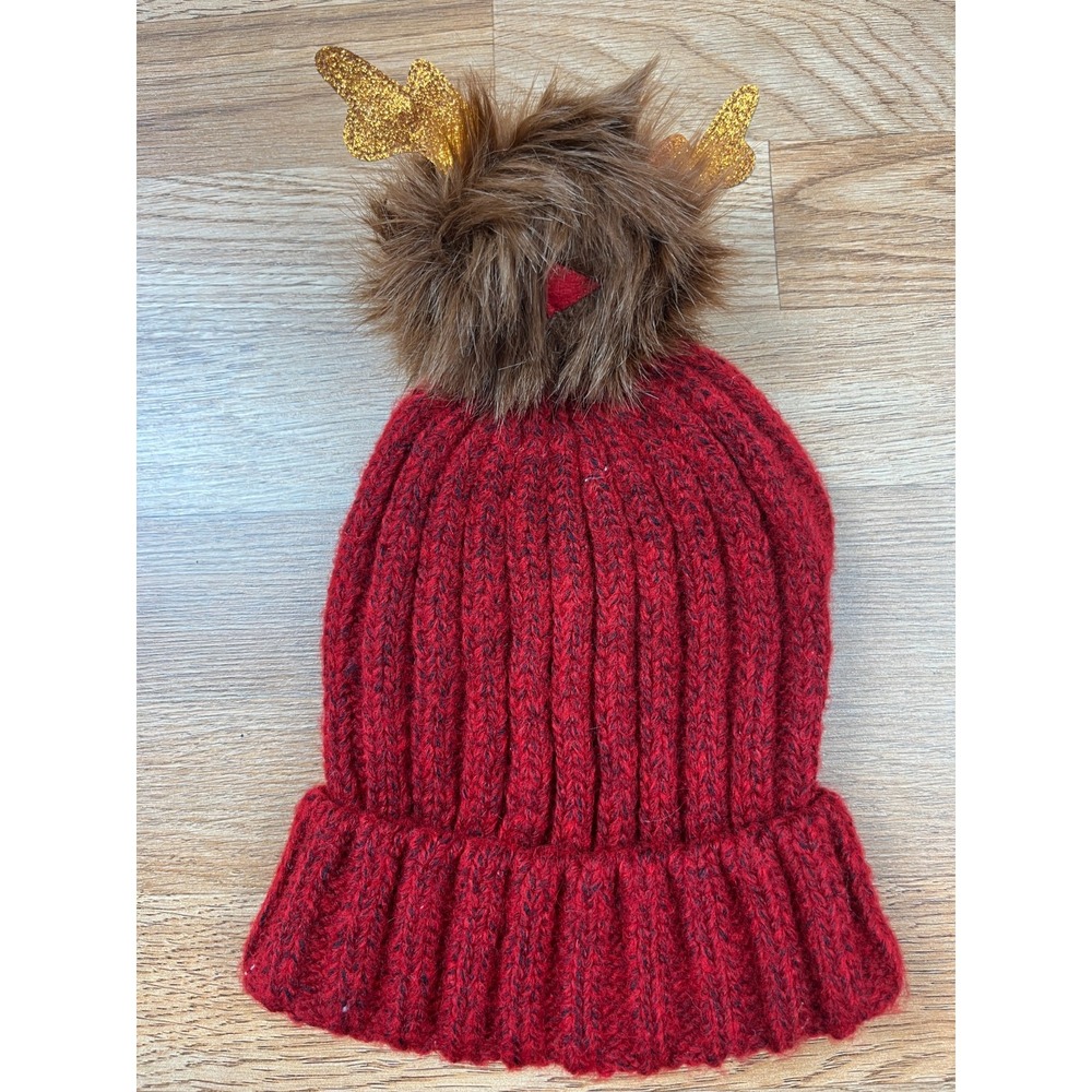 American Eagle Reindeer Holiday Women's Deer Pompom Beanie Hat Christmas NEW